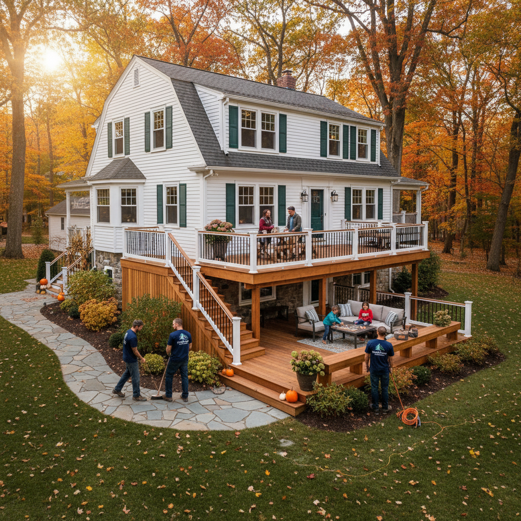 Finished deck and exterior remodeling project on a New Hampshire home in a leafy neighborhood, showing people enjoying the deck and workers in branded gear, fall foliage and New England architectural details