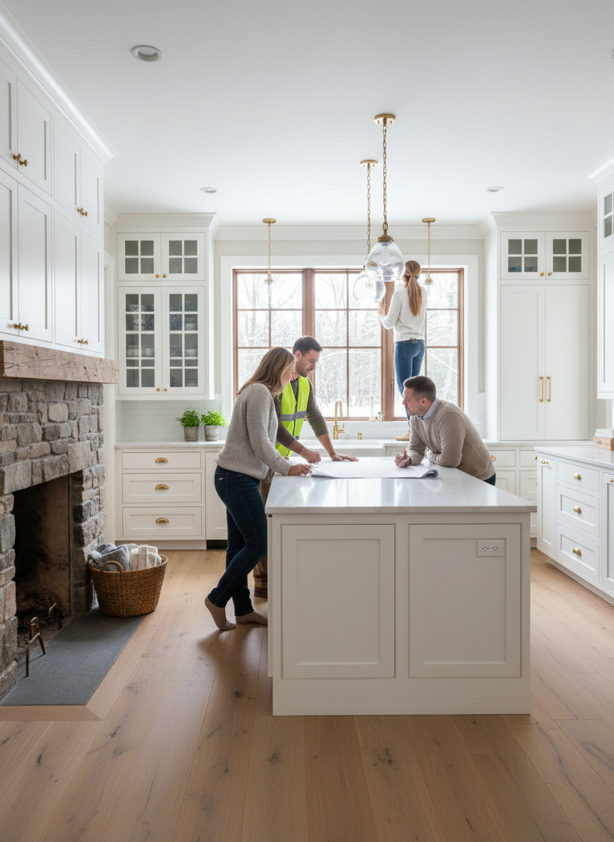 Interior kitchen remodel in a New Hampshire home, showing bright, modern finishes with contractors and homeowners reviewing plans at the island, New England style cabinetry and windows, natural light